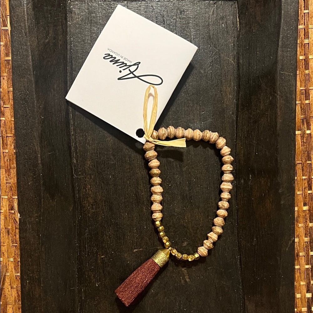 Brown paper Bead Bracelet with Burgundy Tassel